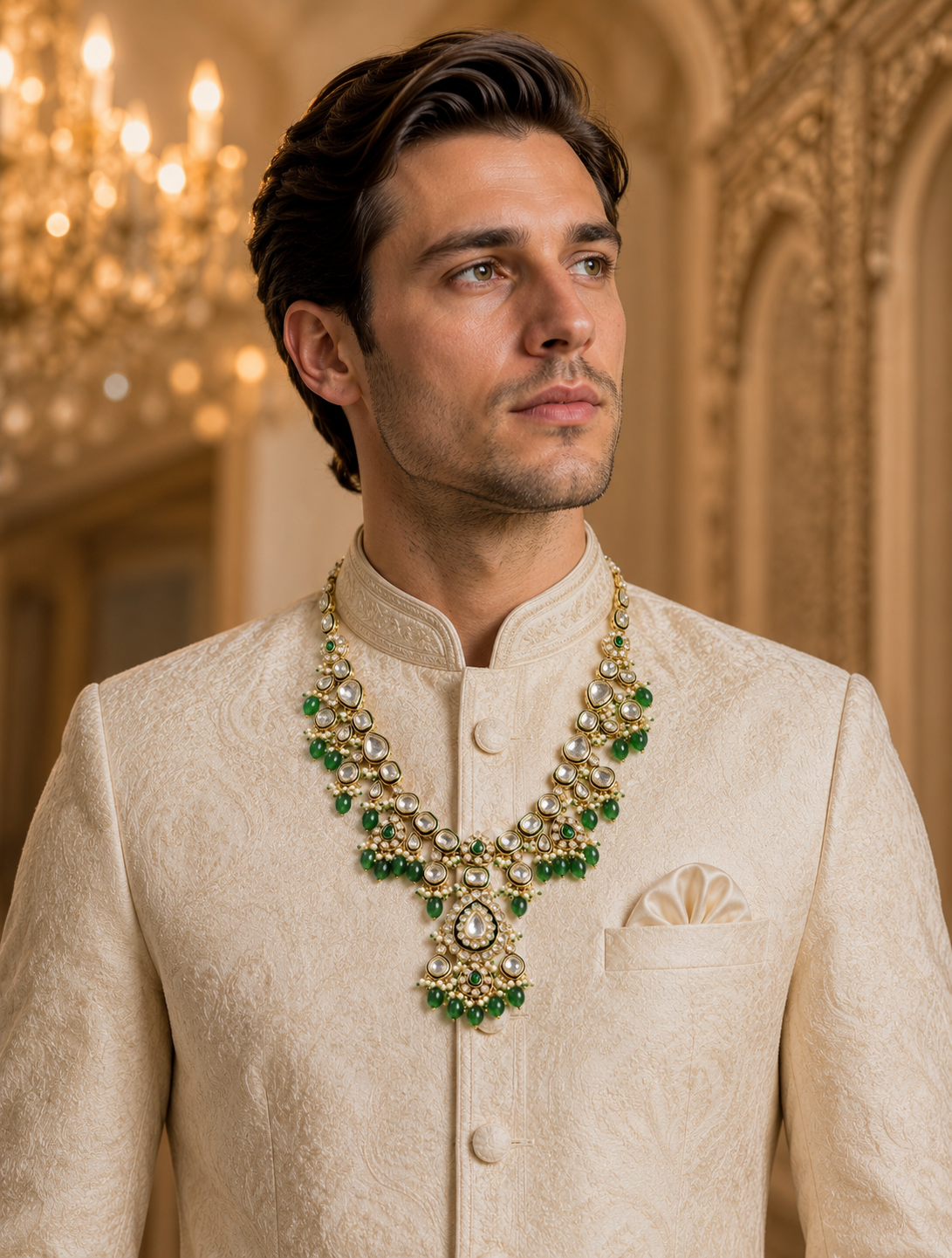 Royal Emerald Kundan Groom Mala