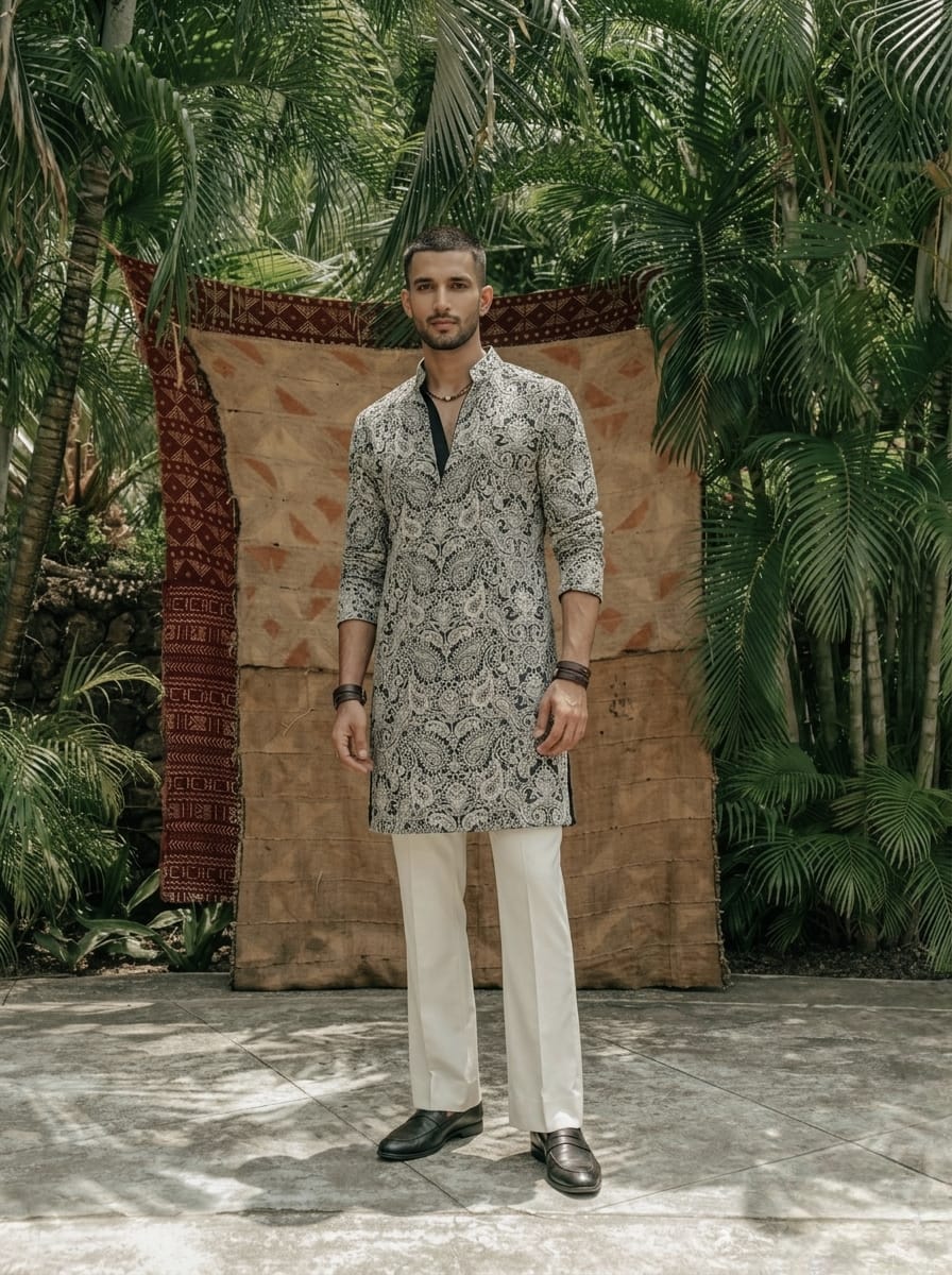 The Onyx Paisley Kurta in Ivory Mist