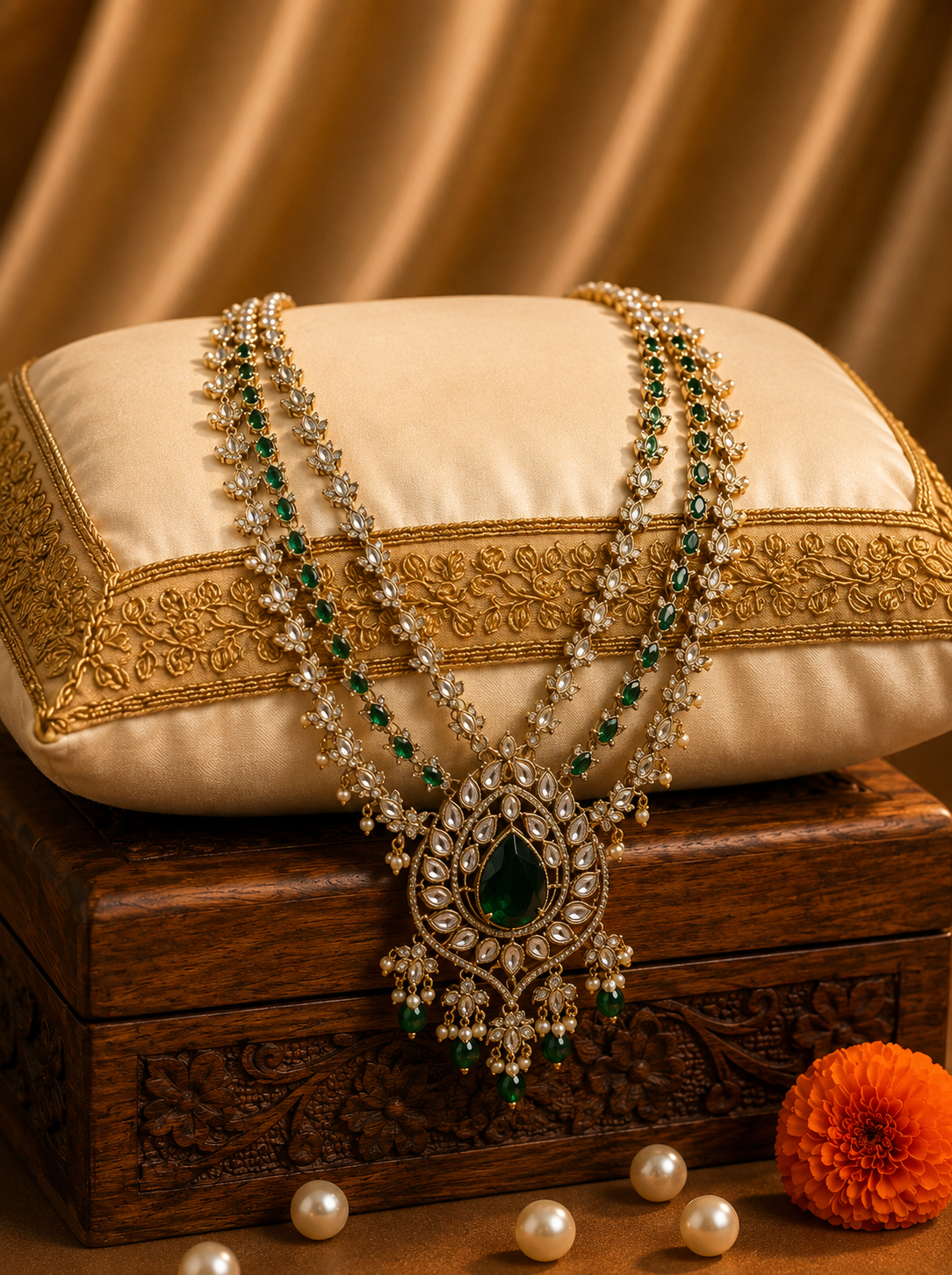 Royal Emerald Kundan Pearl Groom Mala