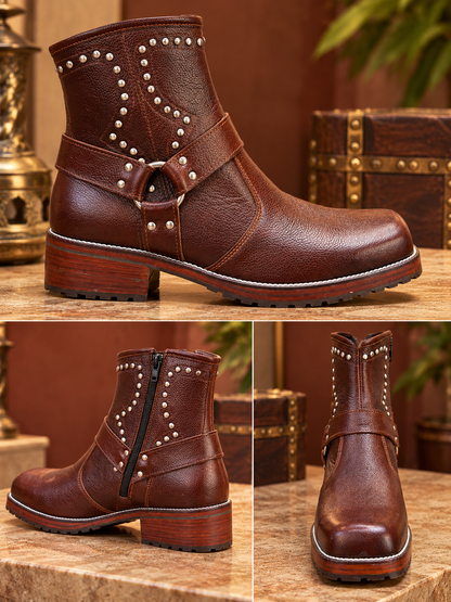 Royal Chestnut Studded Leather Ankle Boots