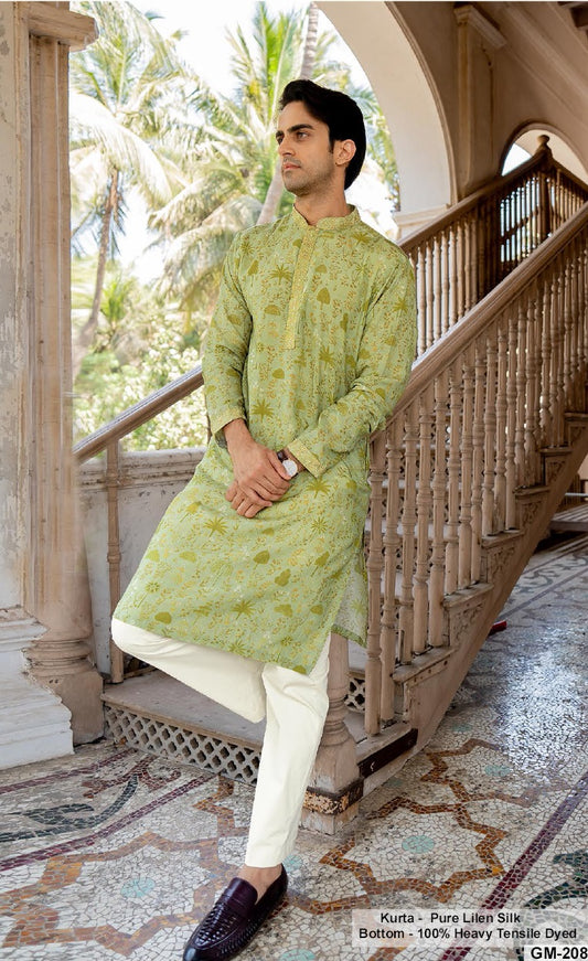Pista Gulbagh Linen Silk Kurta Set