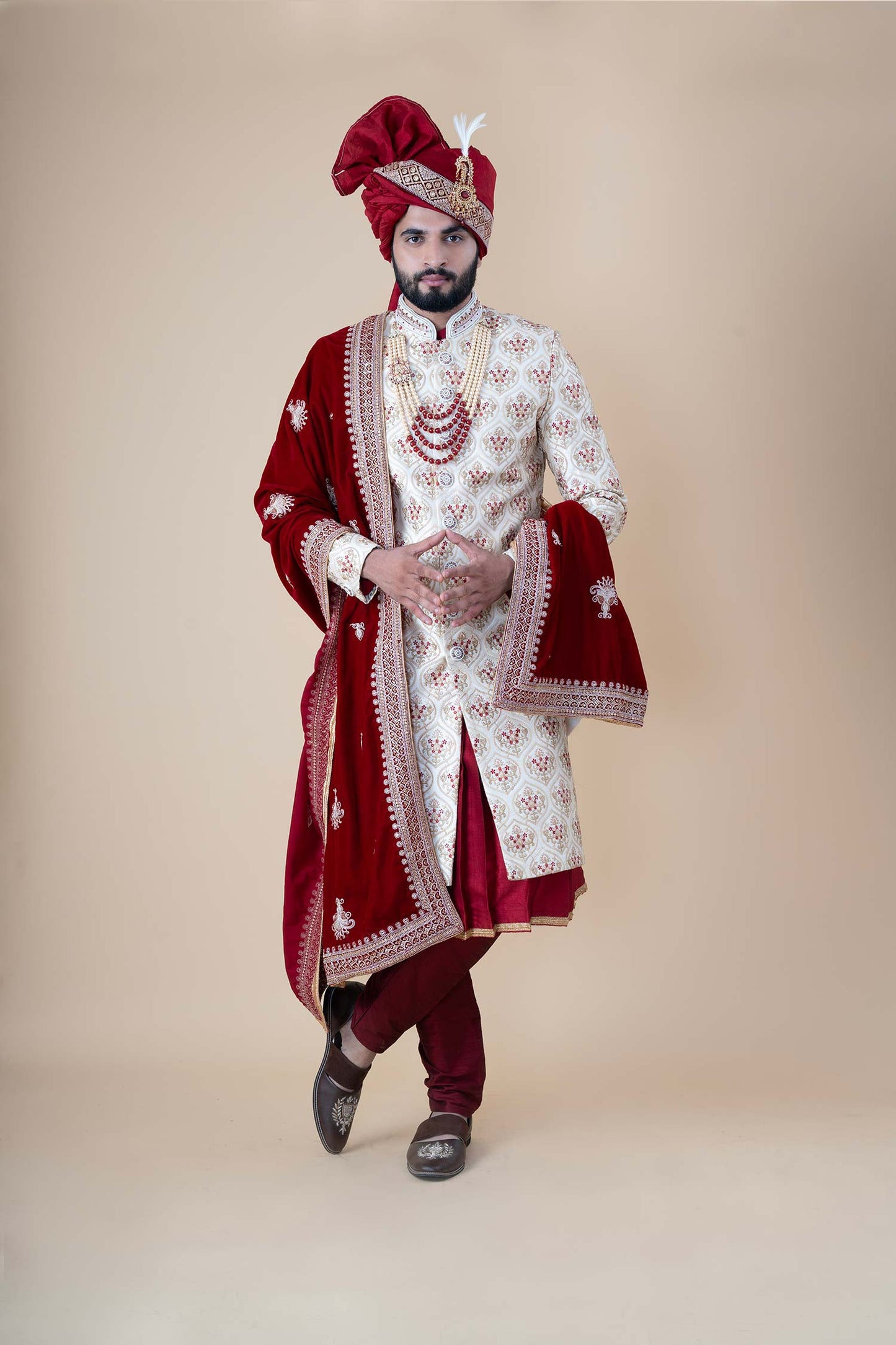 Imperial Maroon & Cream Embroidered Groom Sherwani Set