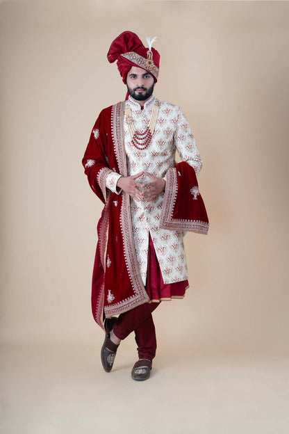 Imperial Maroon & Cream Embroidered Groom Sherwani Set