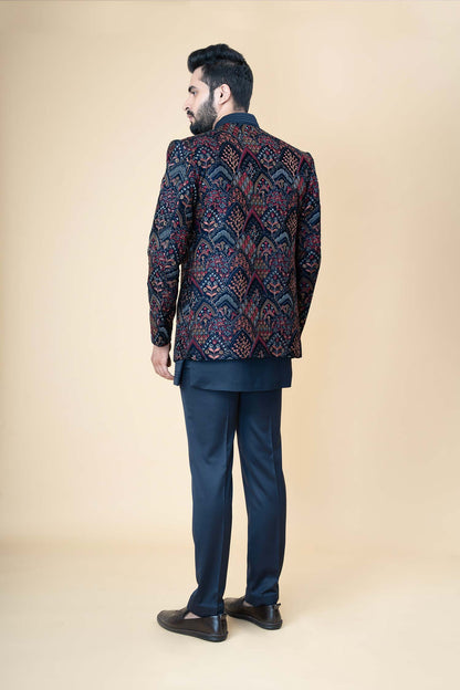 Midnight Blue Indo-Western Set with Multicolor Embroidered Jacket