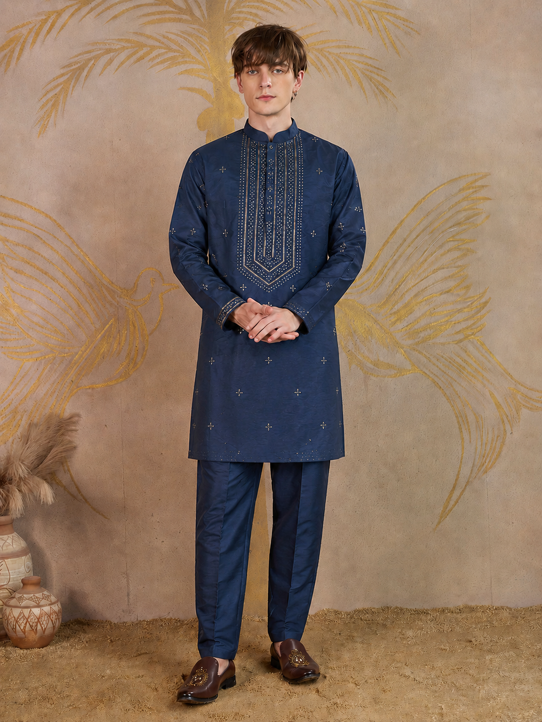 Royal Navy Blue Embroidered Kurta Pant Set