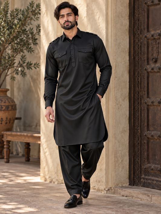 Noir Luxe Black Cotton Satin Pathani Set for Men