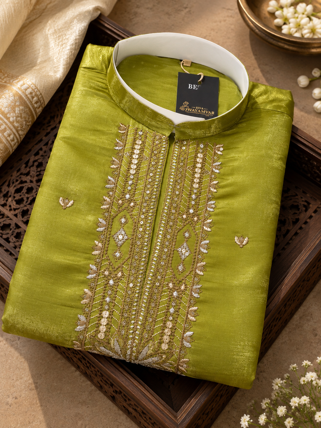 Olive Green Zari Embroidered Silk Kurta Set