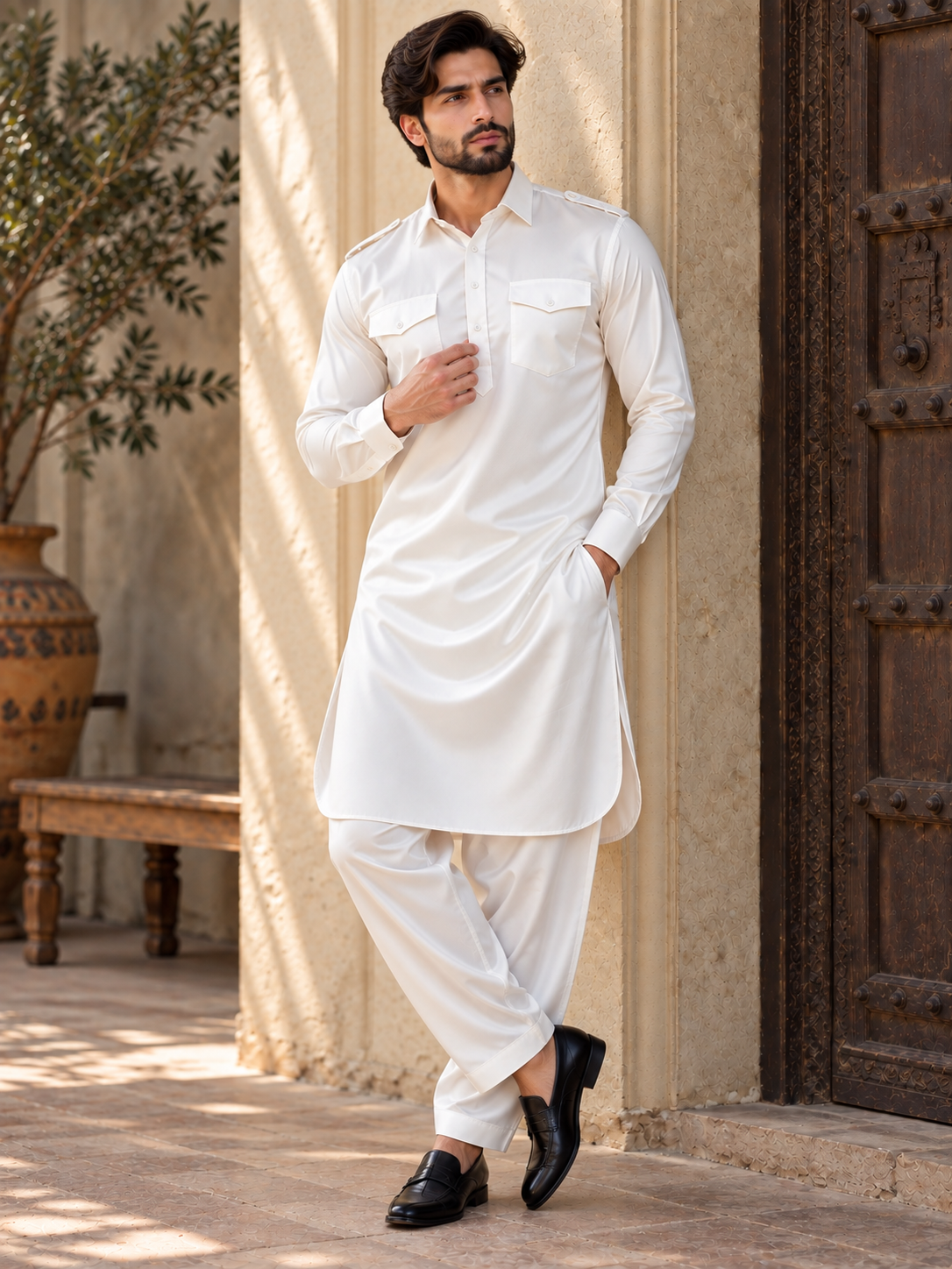 Royal White Cotton Satin Pathani Suit Set