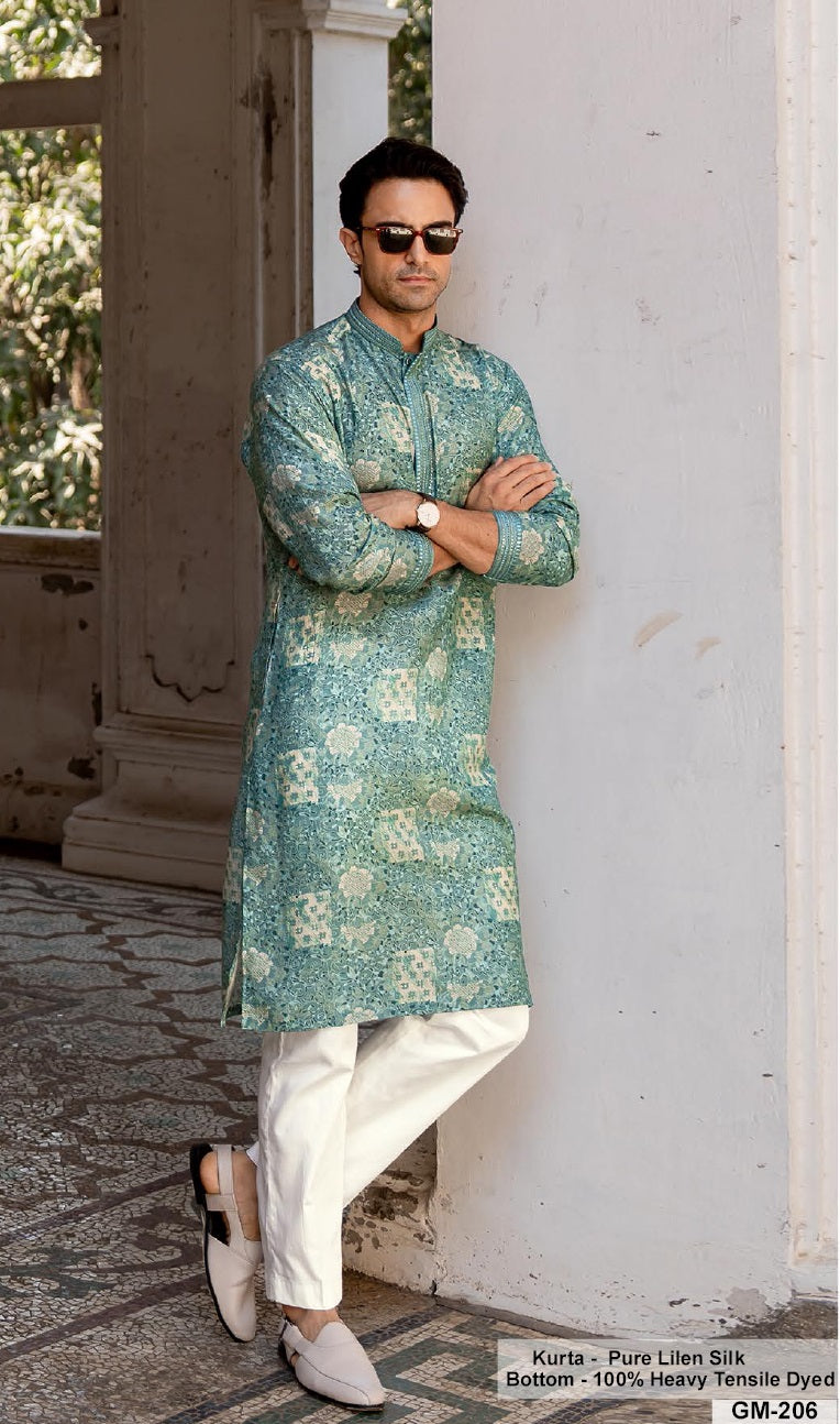 Aqua Royale Linen Silk Mirror Kurta Set
