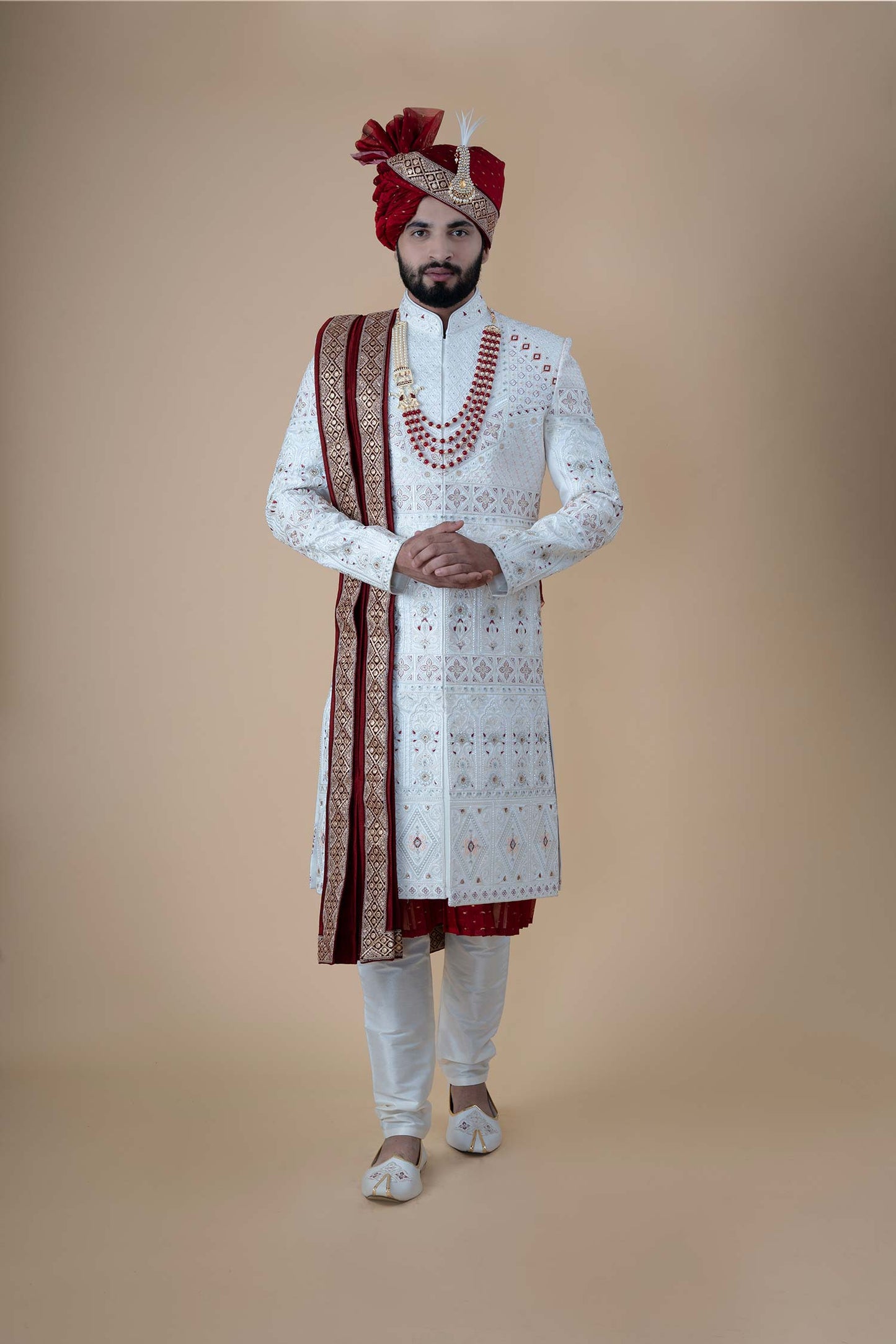 Regal Ivory Embroidered Wedding Sherwani with Maroon Accents