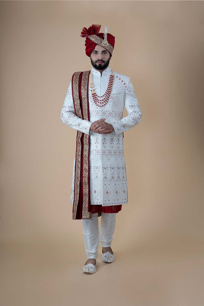 Regal Ivory Embroidered Wedding Sherwani with Maroon Accents