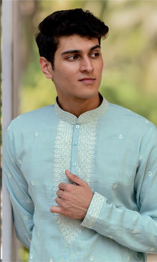 Aqua Heritage Linen Silk Kurta Set