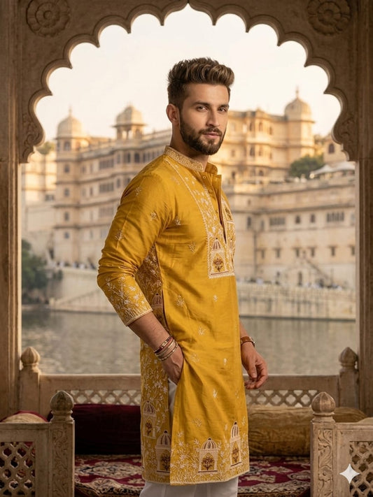 The Heritage Arch Kurta in Royal Mustard