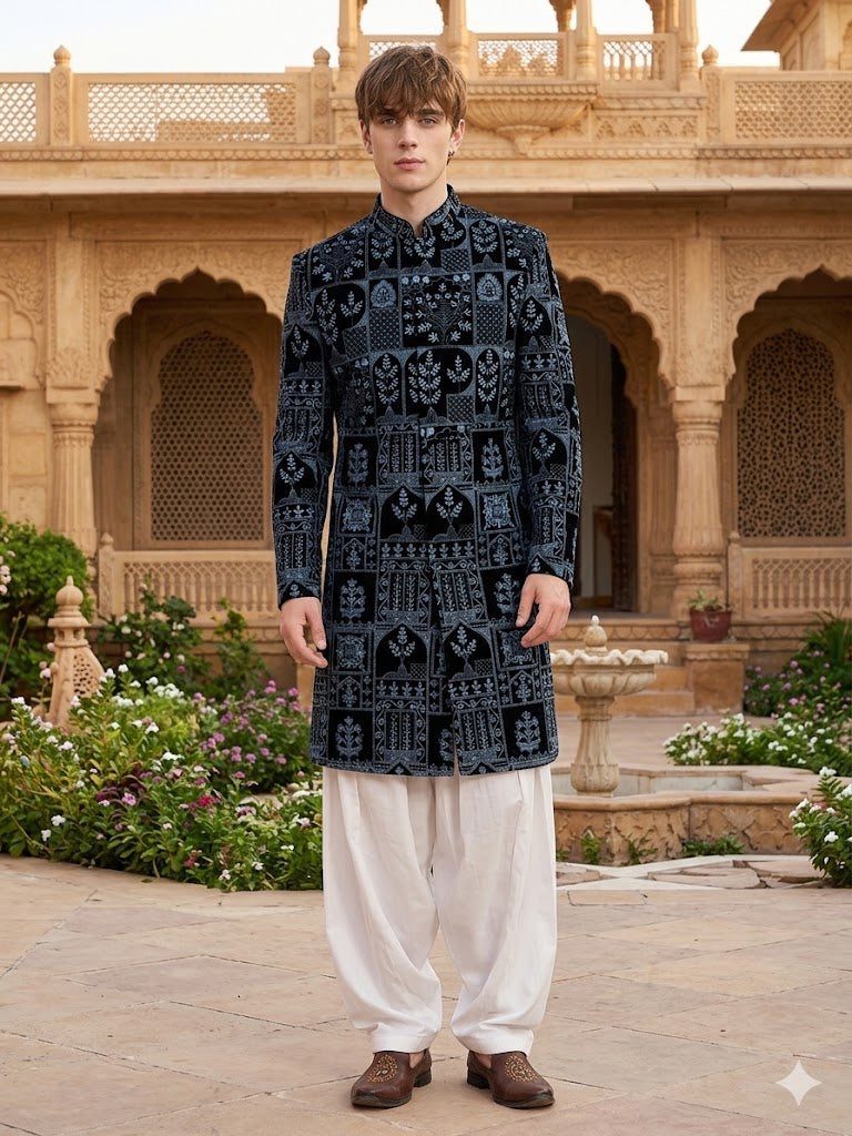 The Prussian Blue Block-Print Velvet Achkan