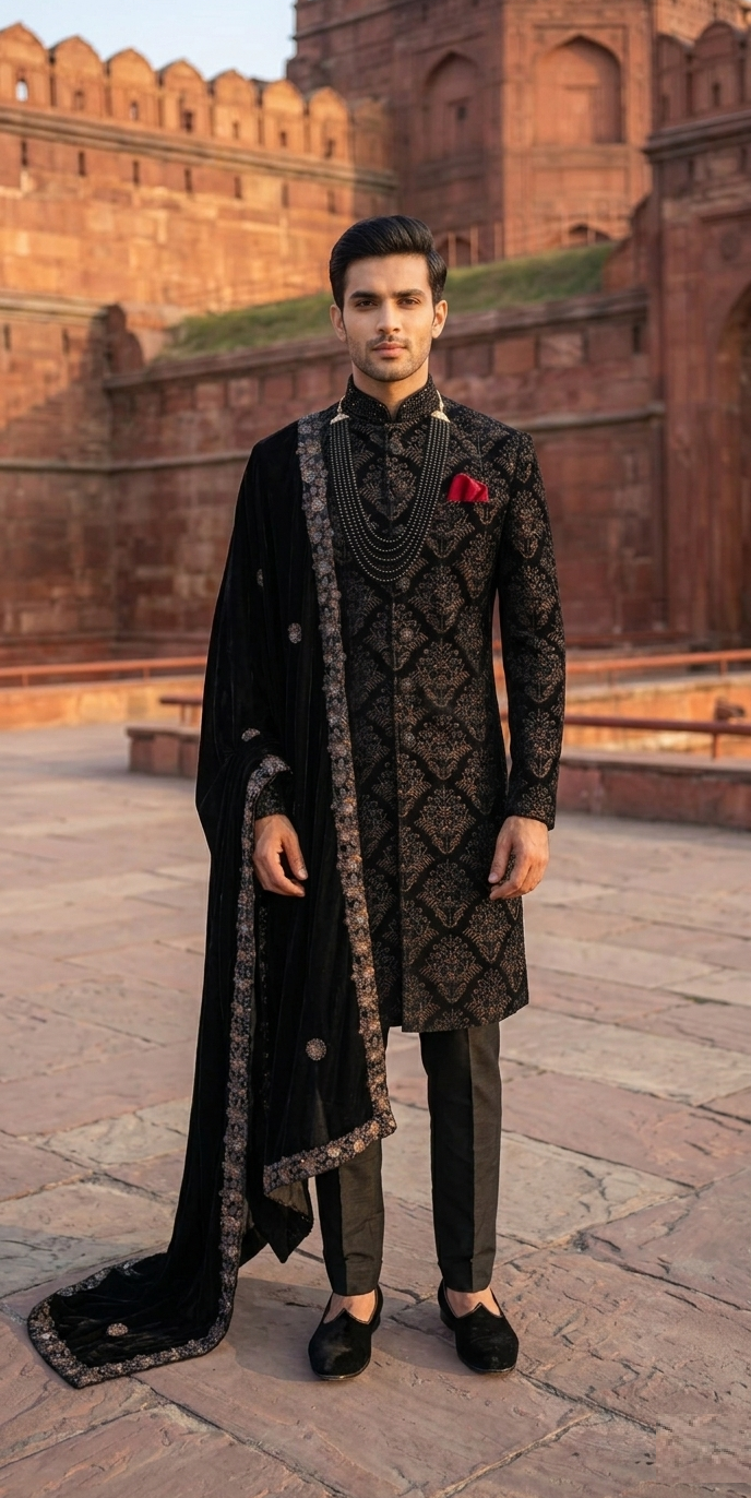 Midnight Regal Velvet Sherwani Set