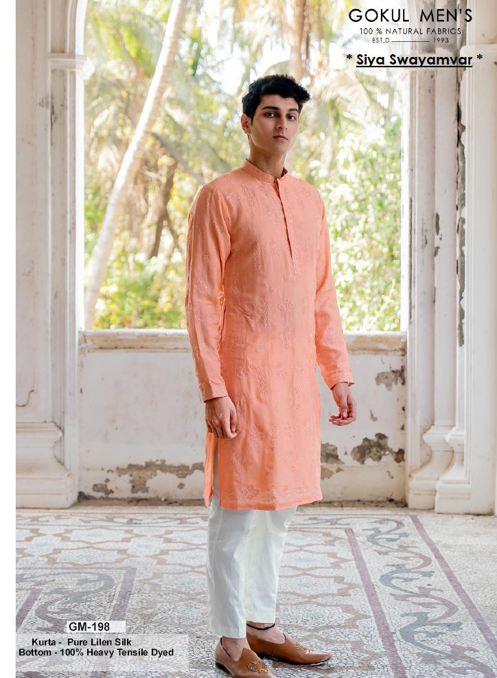 Peach Blossom Linen Silk Kurta Set