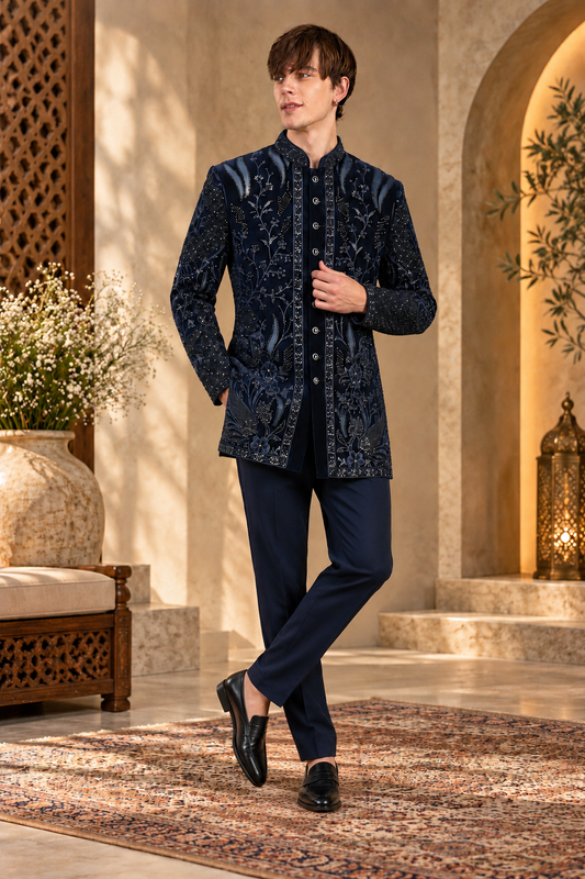 Midnight Navy Luxe Embroidered Indo-Western Set for Men