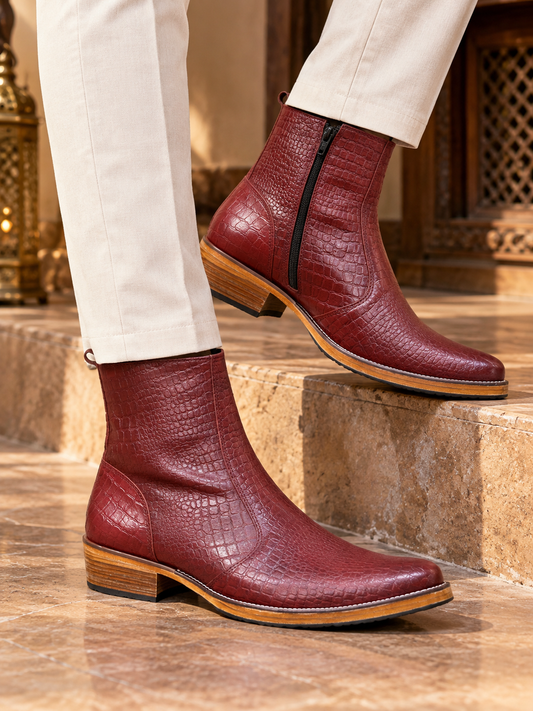 Royal Burgundy Crocodile-Texture Leather Ankle Boots