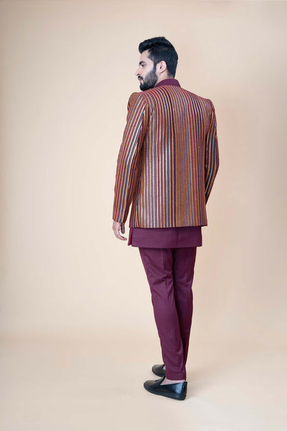 Maroon Royal Striped Indo-Western Sherwani