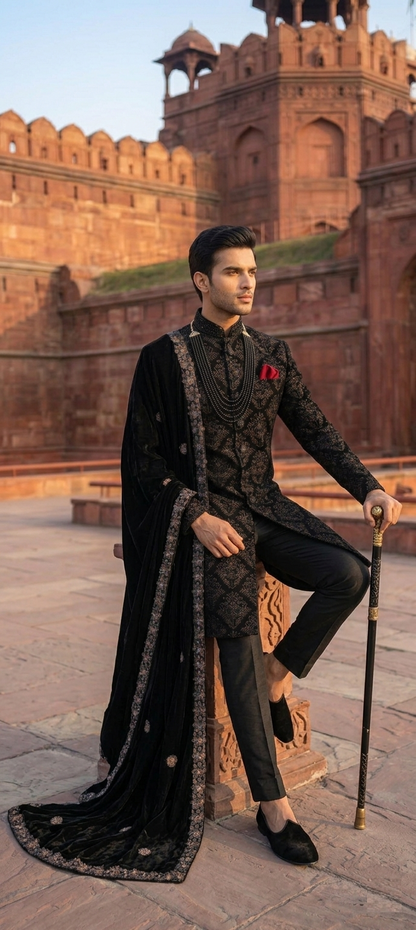 Midnight Regal Velvet Sherwani Set