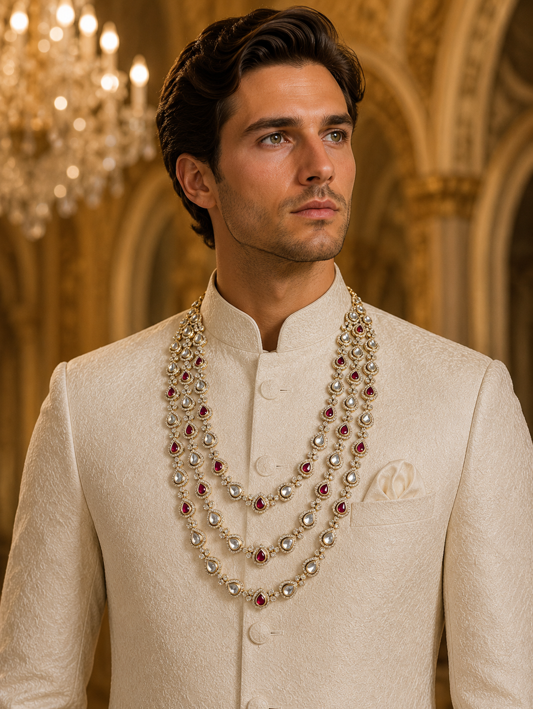 Royal Ruby Kundan Layered Groom Mala