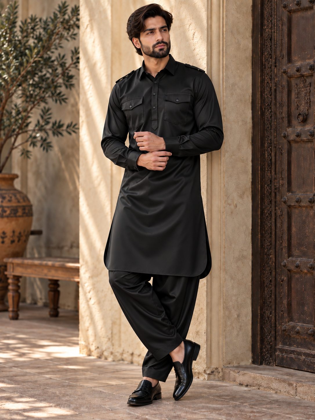 Noir Luxe Black Cotton Satin Pathani Set for Men