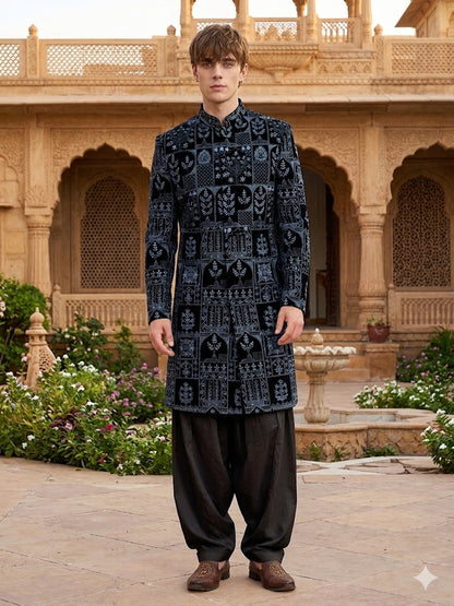 The Prussian Blue Block-Print Velvet Achkan