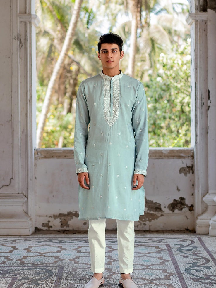 Aqua Heritage Linen Silk Kurta Set