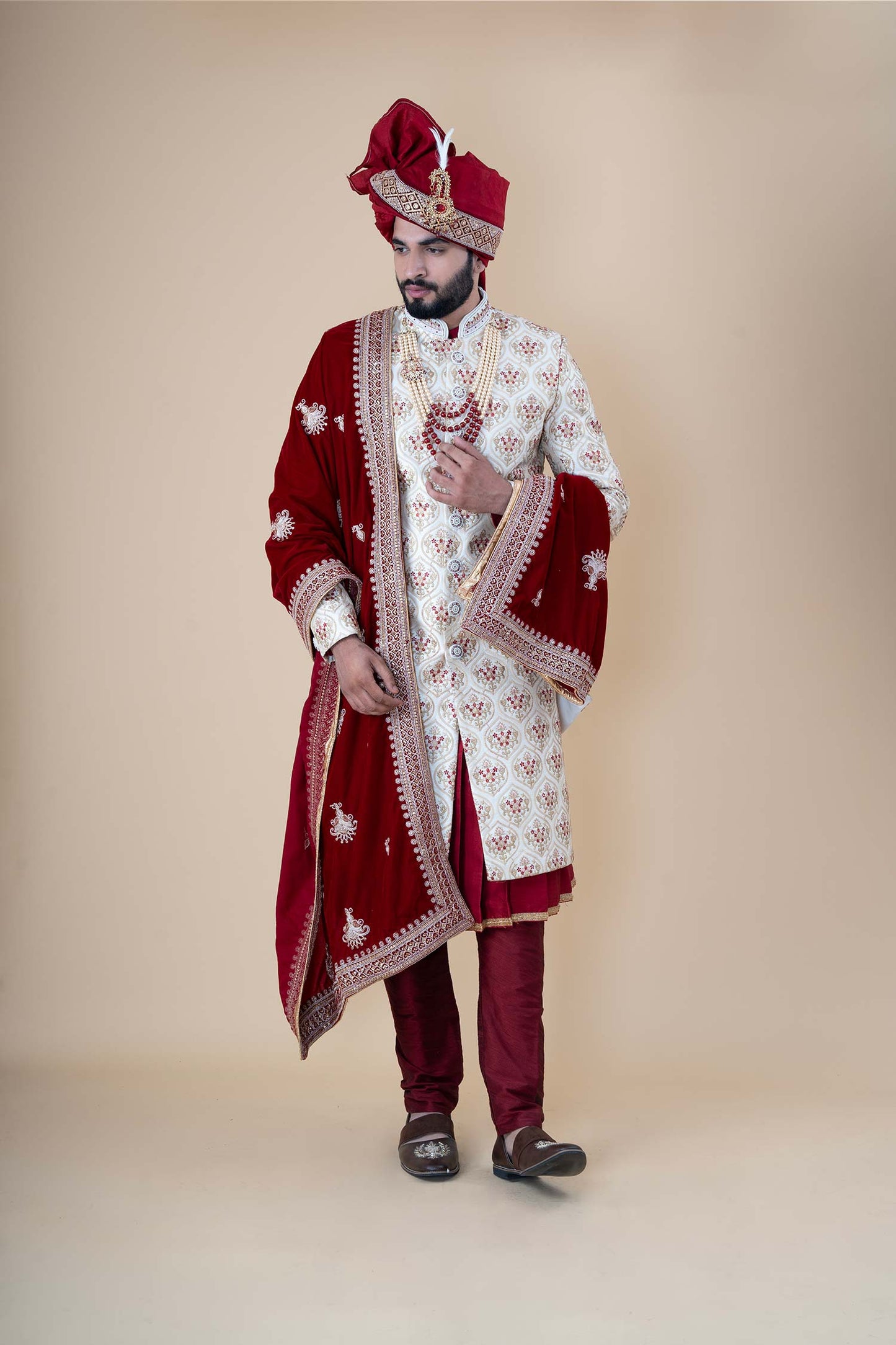 Imperial Maroon & Cream Embroidered Groom Sherwani Set