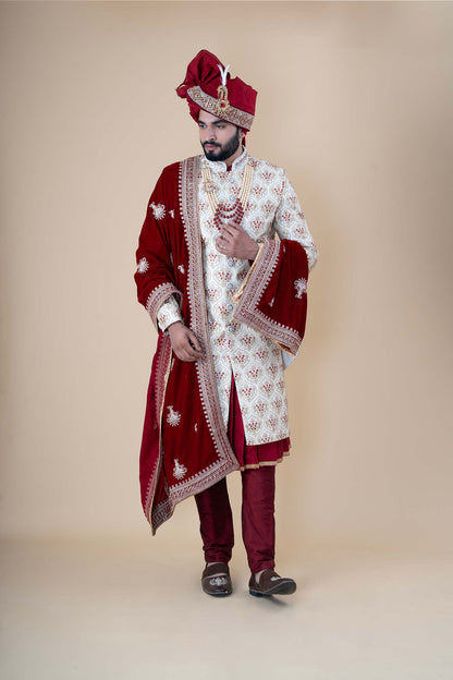 Imperial Maroon & Cream Embroidered Groom Sherwani Set
