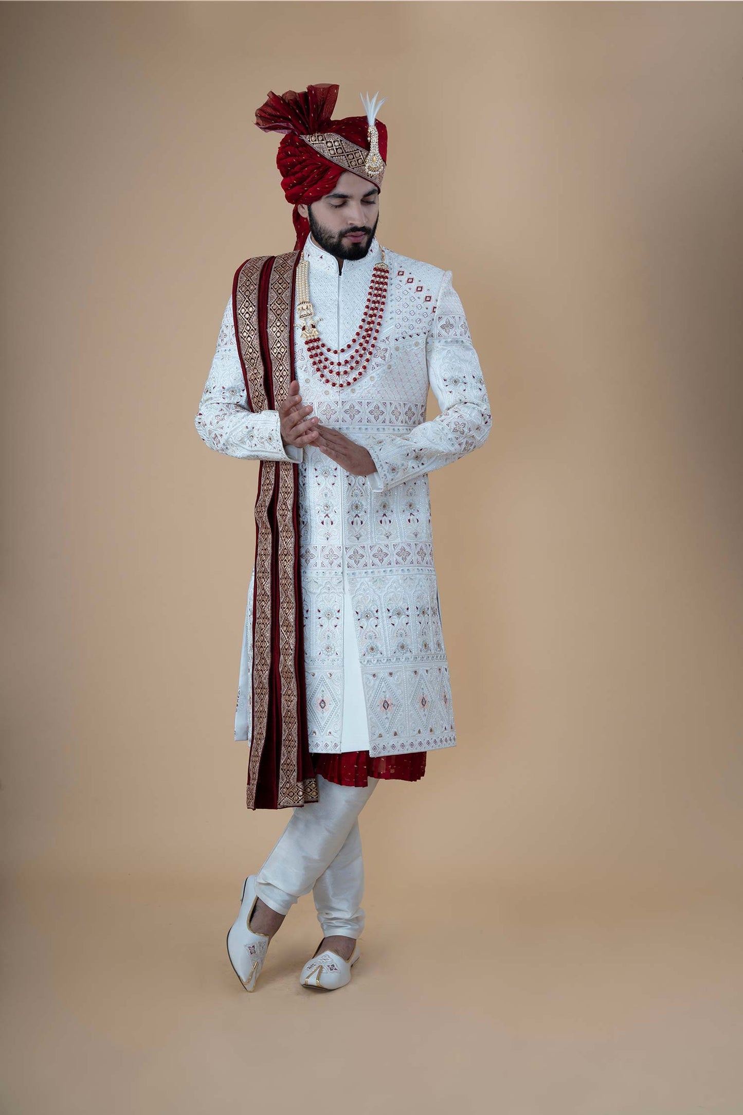 Regal Ivory Embroidered Wedding Sherwani with Maroon Accents