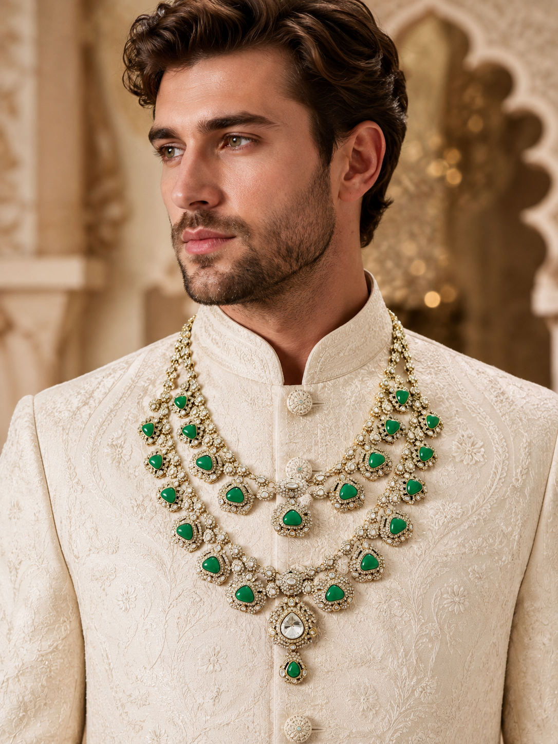 Royal Emerald Polki Groom Mala