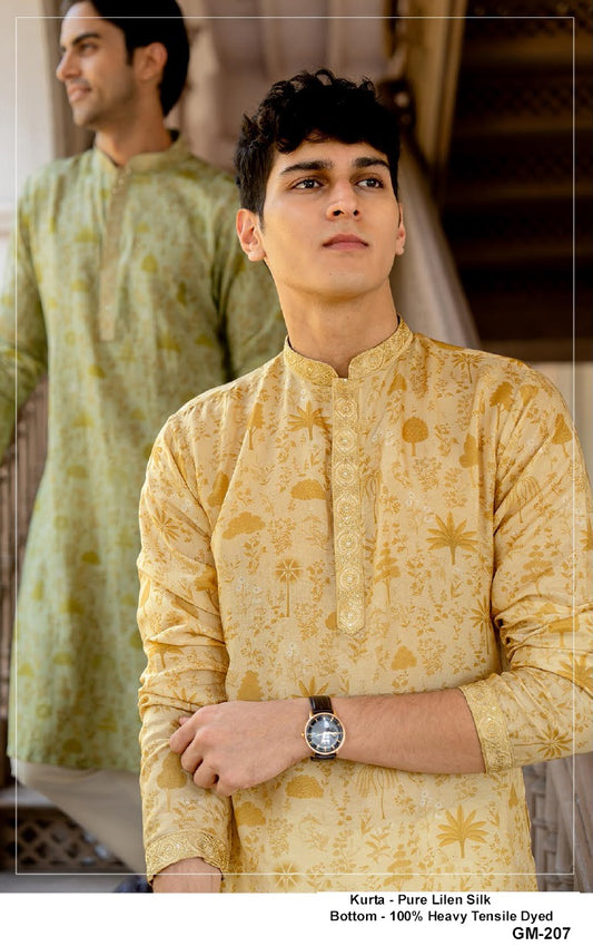 Golden Vanraj Linen Silk Kurta Set