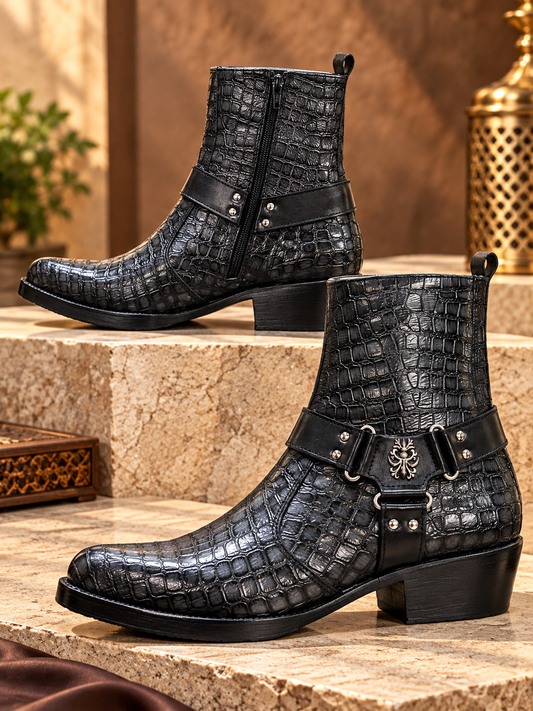 Royal Noir Crocodile-Texture Leather Ankle Boots