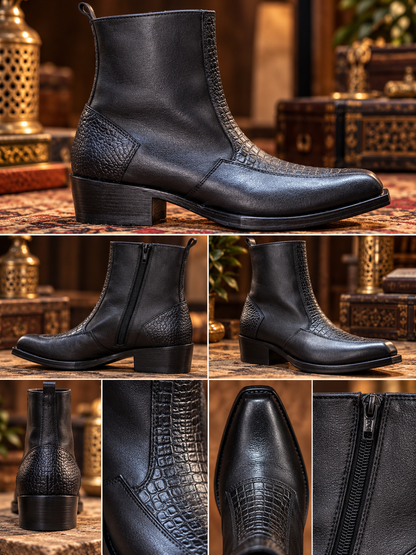 Midnight Noir Textured Leather Ankle Boots