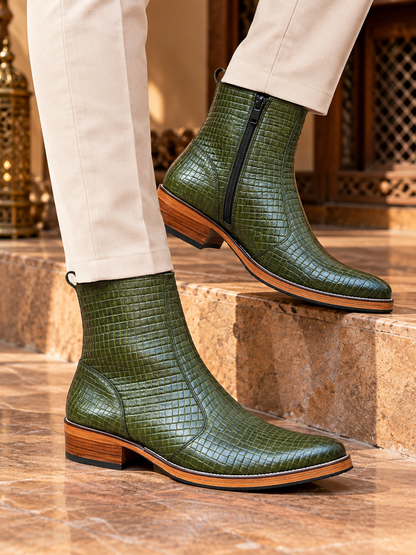Olive Royale Crocodile-Texture Leather Ankle Boots