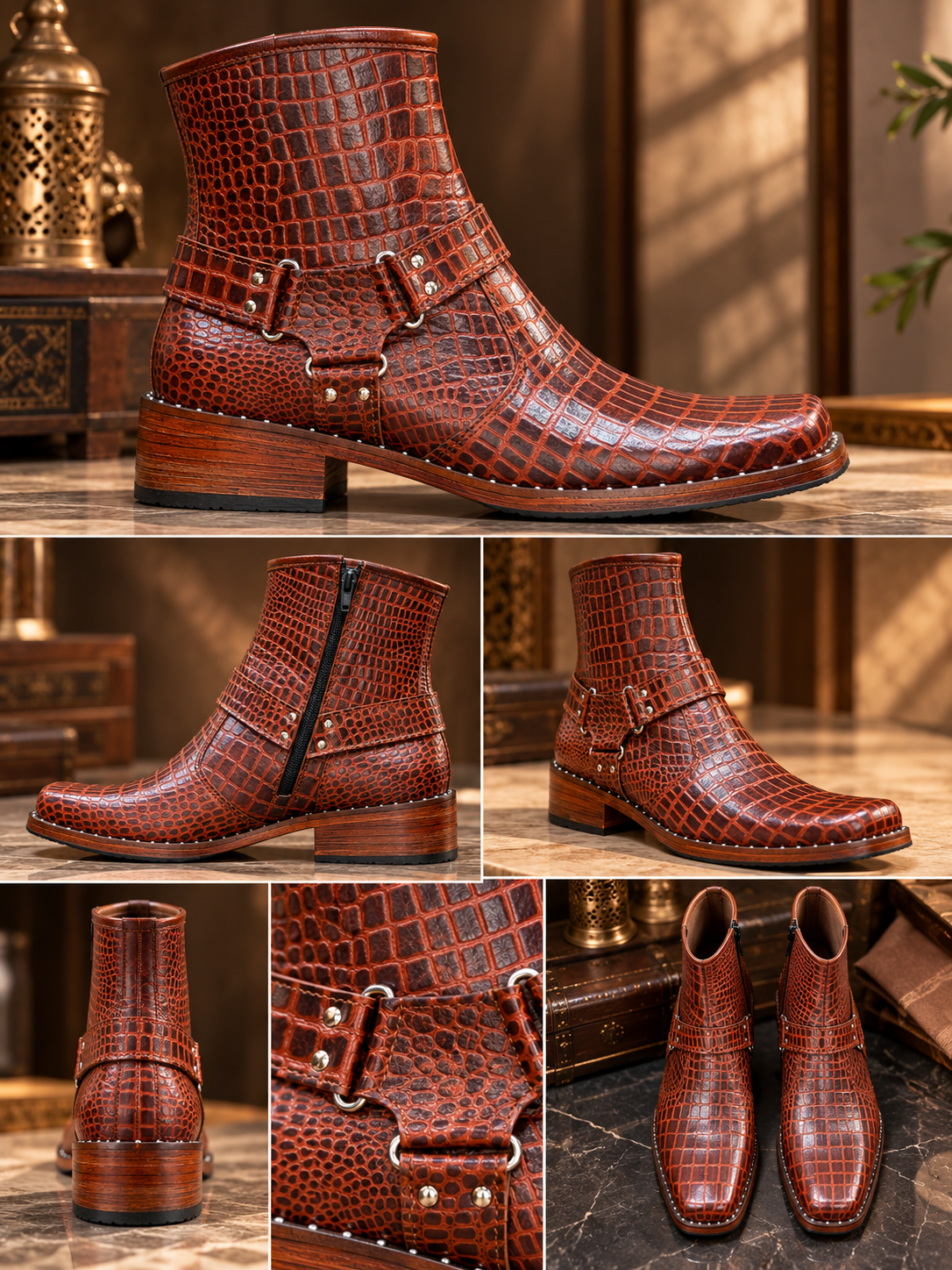 Royal Cognac Crocodile-Texture Leather Ankle Boots
