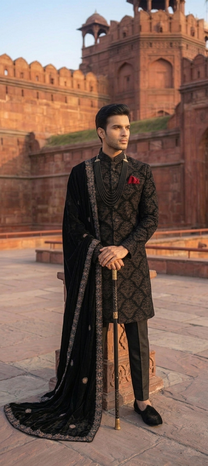 Midnight Regal Velvet Sherwani Set