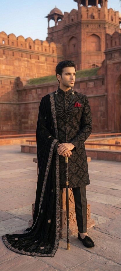 Midnight Regal Velvet Sherwani Set