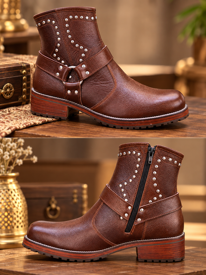 Royal Chestnut Studded Leather Ankle Boots