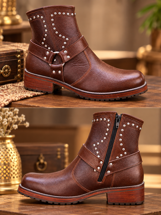 Royal Chestnut Studded Leather Ankle Boots