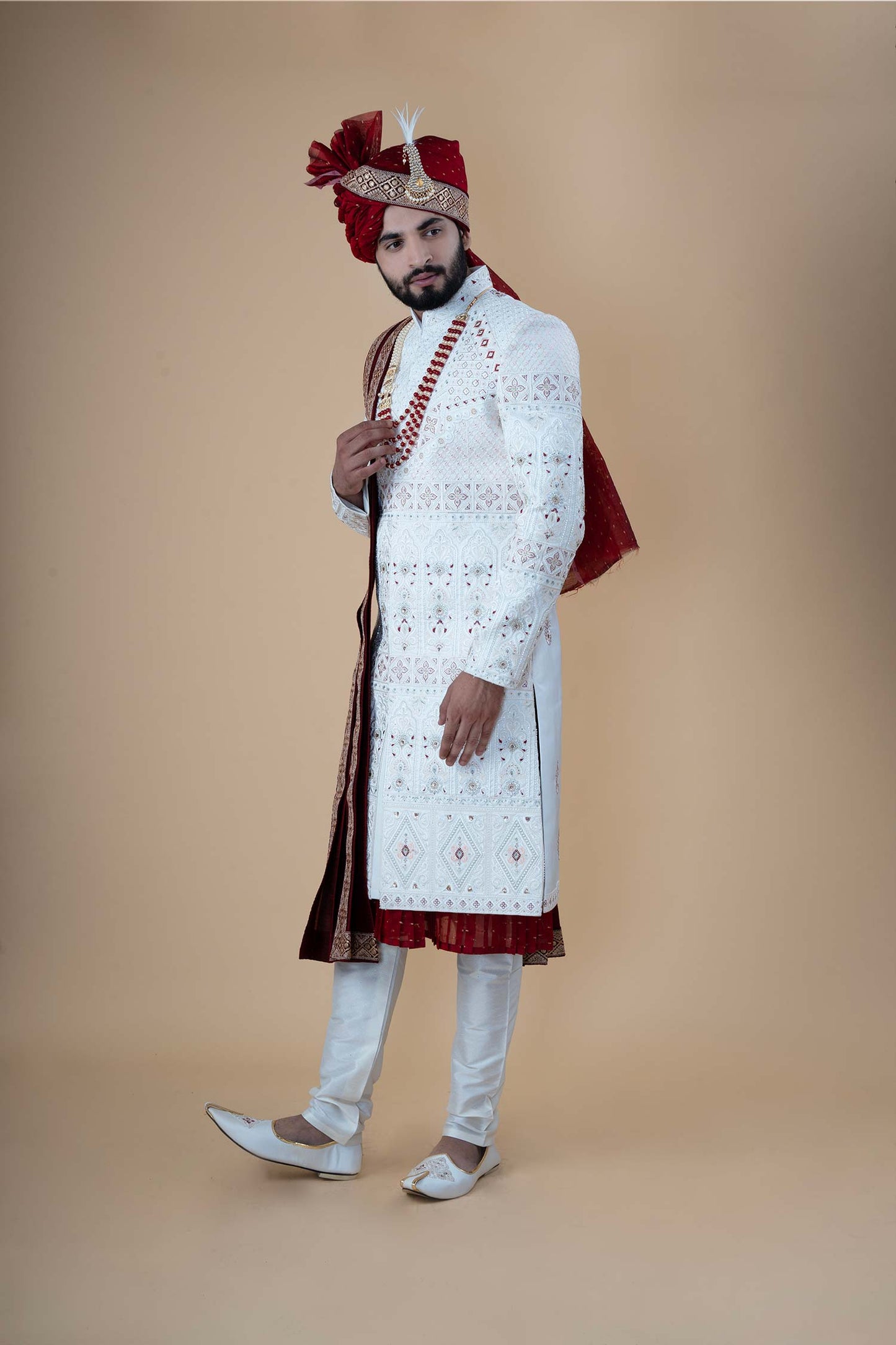 Regal Ivory Embroidered Wedding Sherwani with Maroon Accents
