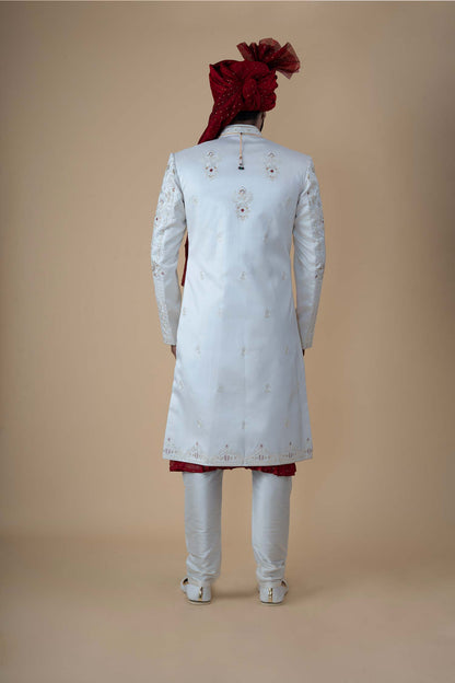 Ivory Royal Embroidered Sherwani with Red Accents and Dupatta