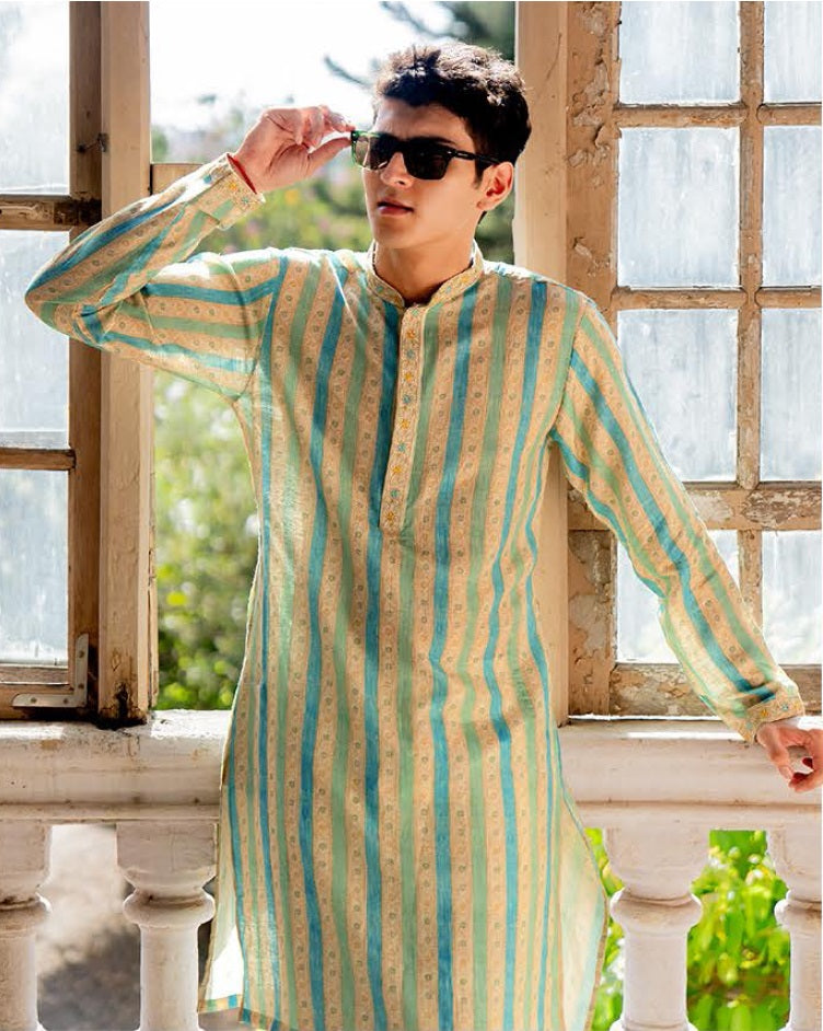 Mint Royale Striped Linen Silk Kurta Set