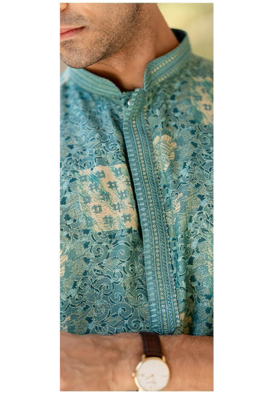 Aqua Royale Linen Silk Mirror Kurta Set