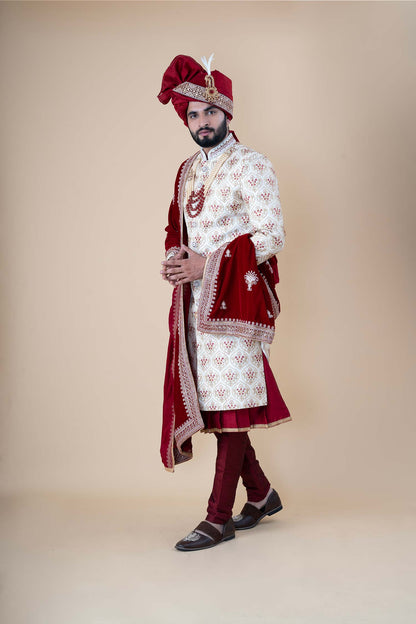 Imperial Maroon & Cream Embroidered Groom Sherwani Set