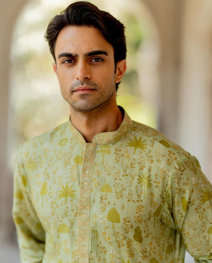 Pista Gulbagh Linen Silk Kurta Set
