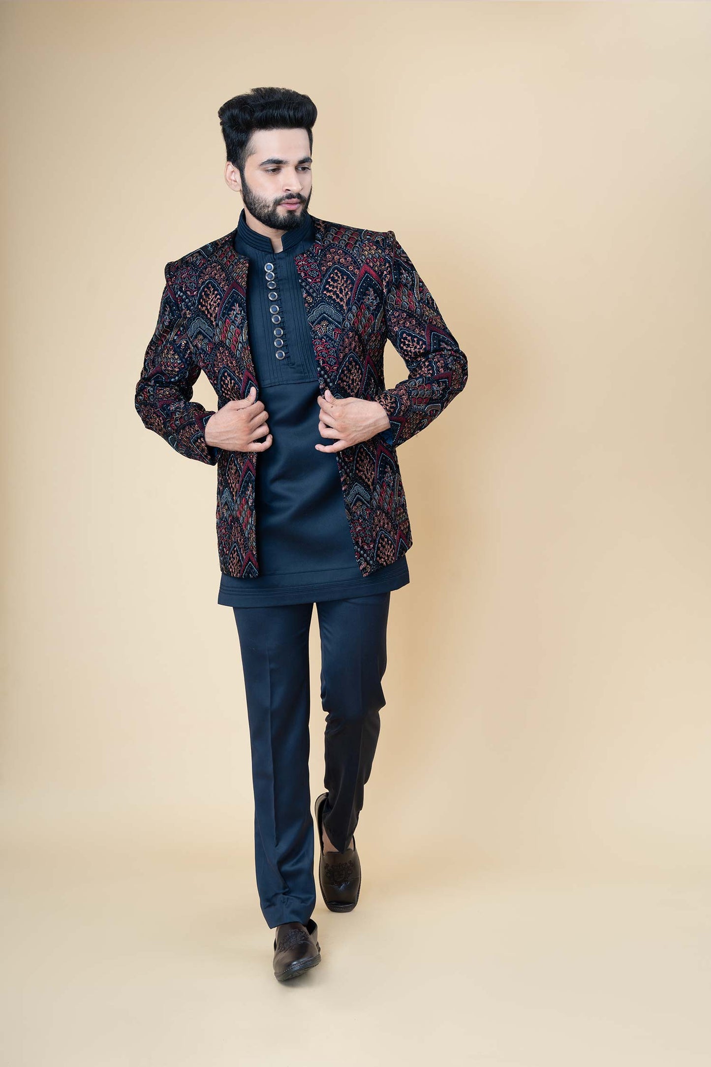 Midnight Blue Indo-Western Set with Multicolor Embroidered Jacket