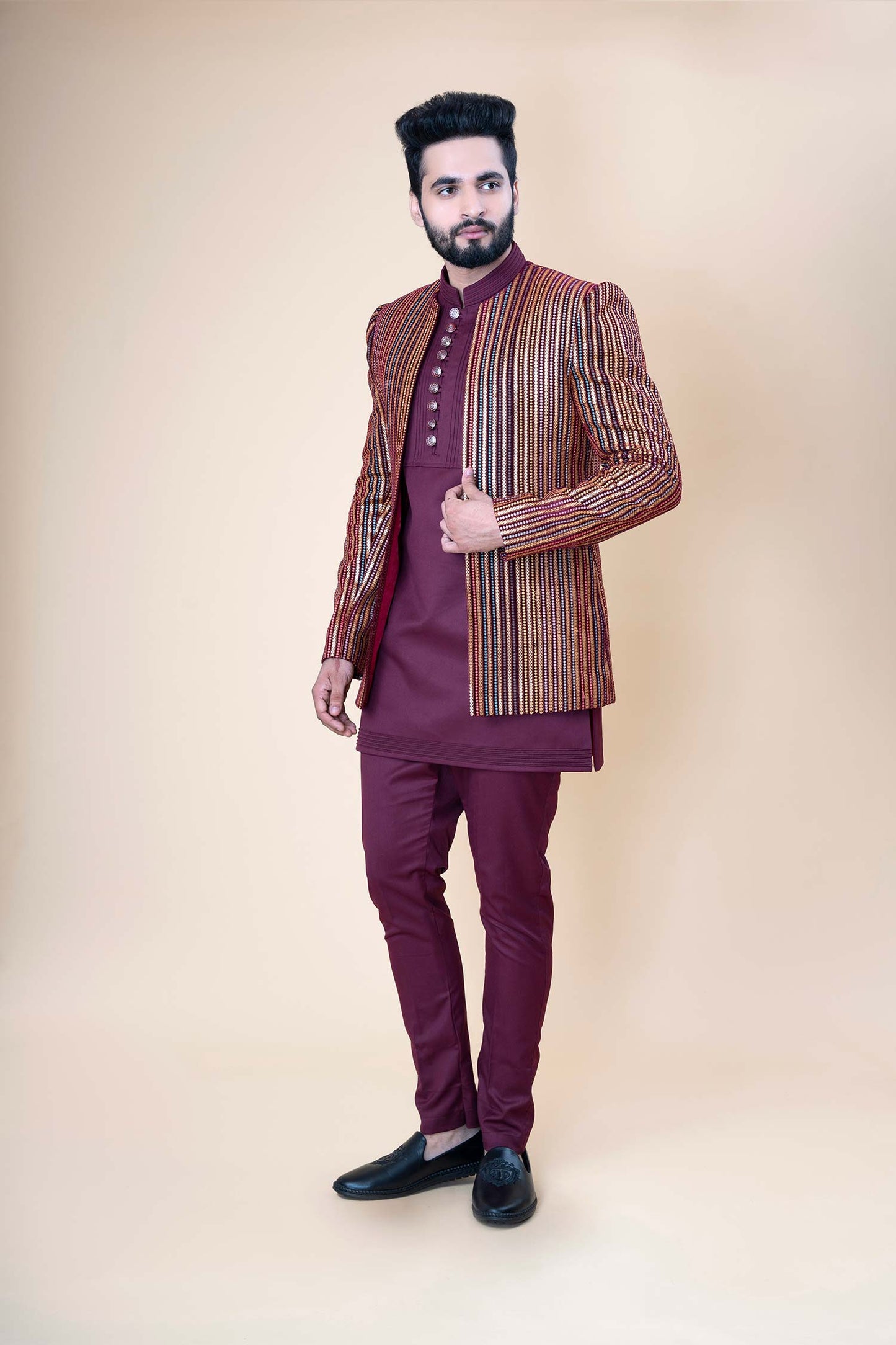 Maroon Royal Striped Indo-Western Sherwani