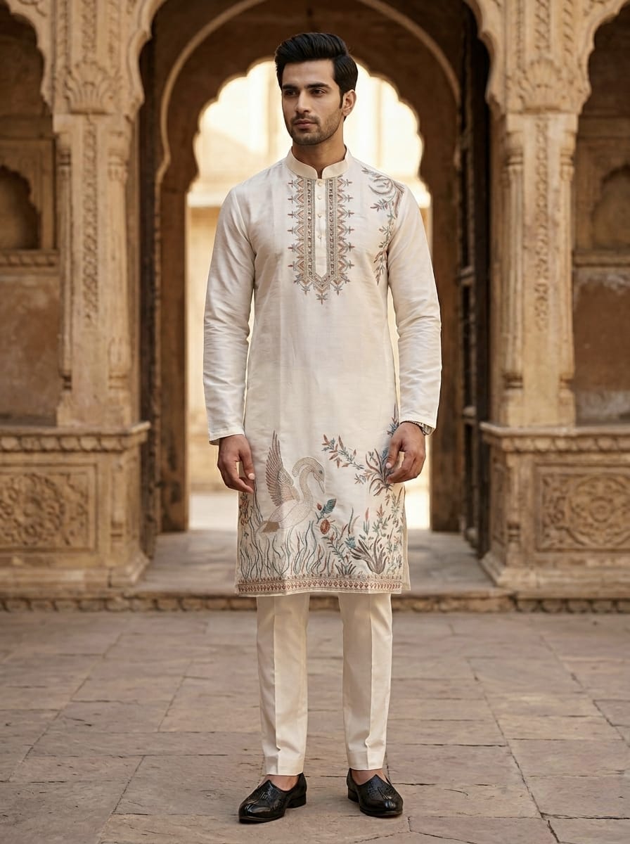 The Imperial Crane Kurta in Ivory Cream